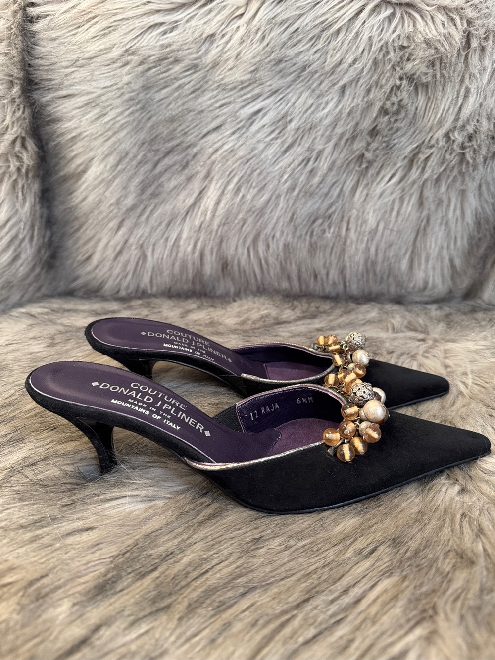 Donald J. Pliner Couture Raja Black Suede Jeweled Kitten Heel Mules Size 6.5